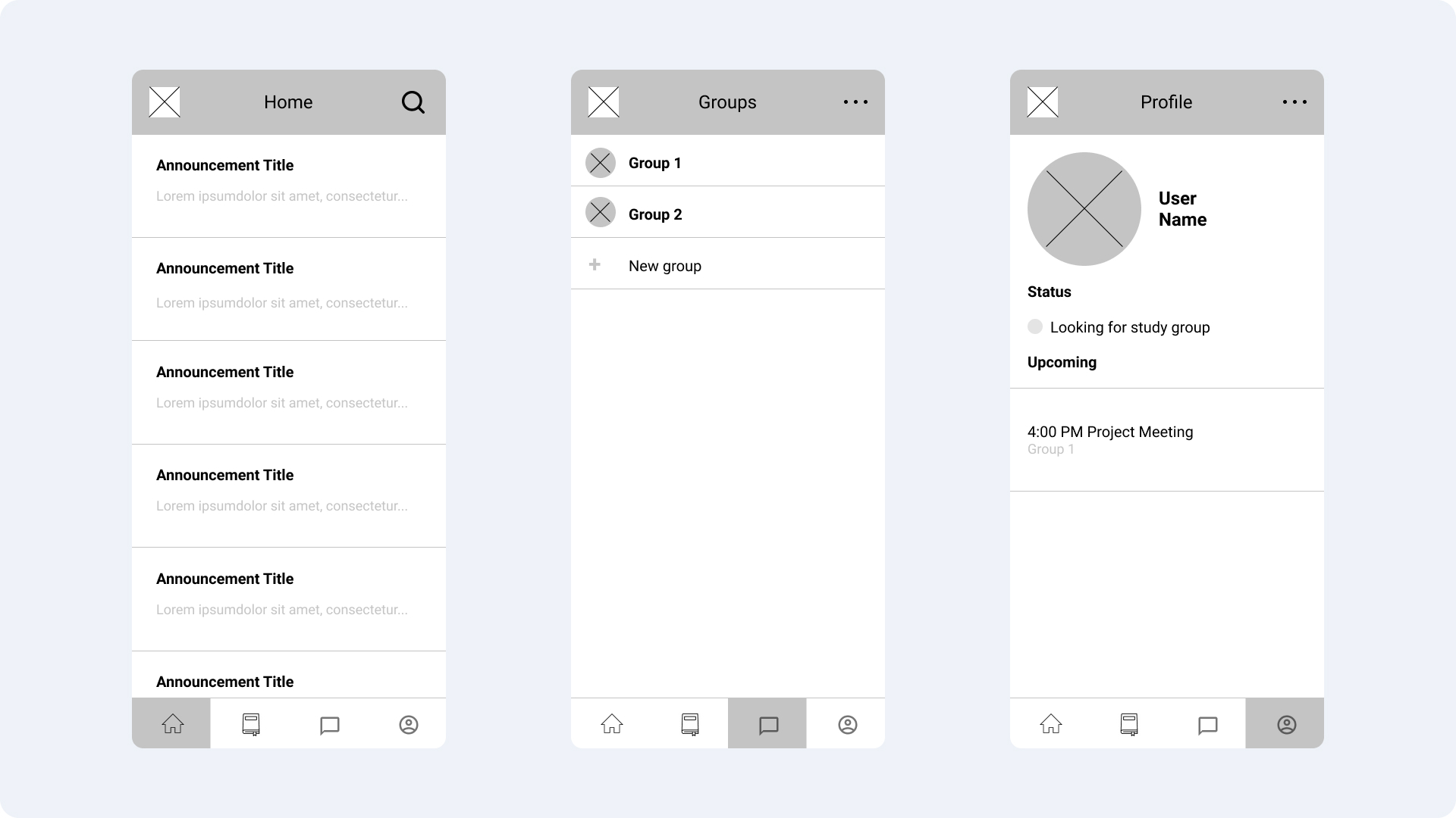 Wireframe screens