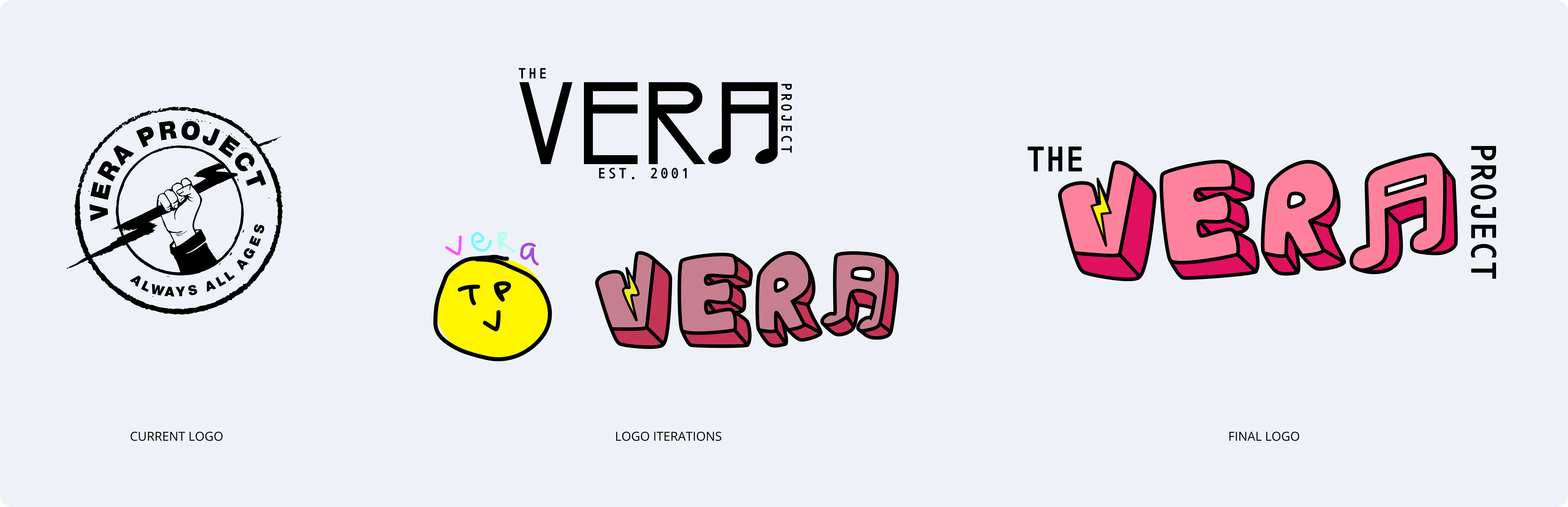 The Vera Project's Current Logo vs Logo iterations